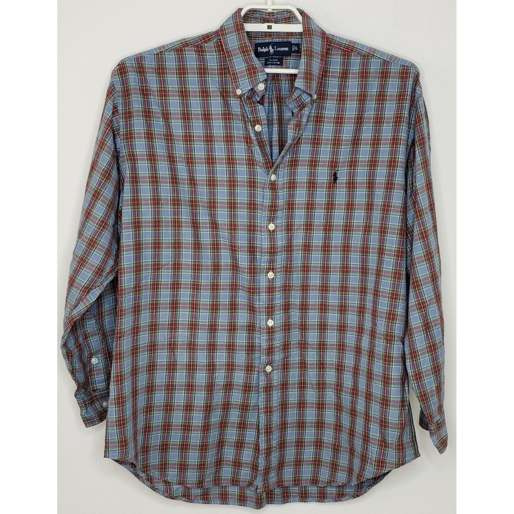 Ralph Lauren Mens Shirt Large Blue Red Plaid "Blake" Cotton Collared ButtonDown